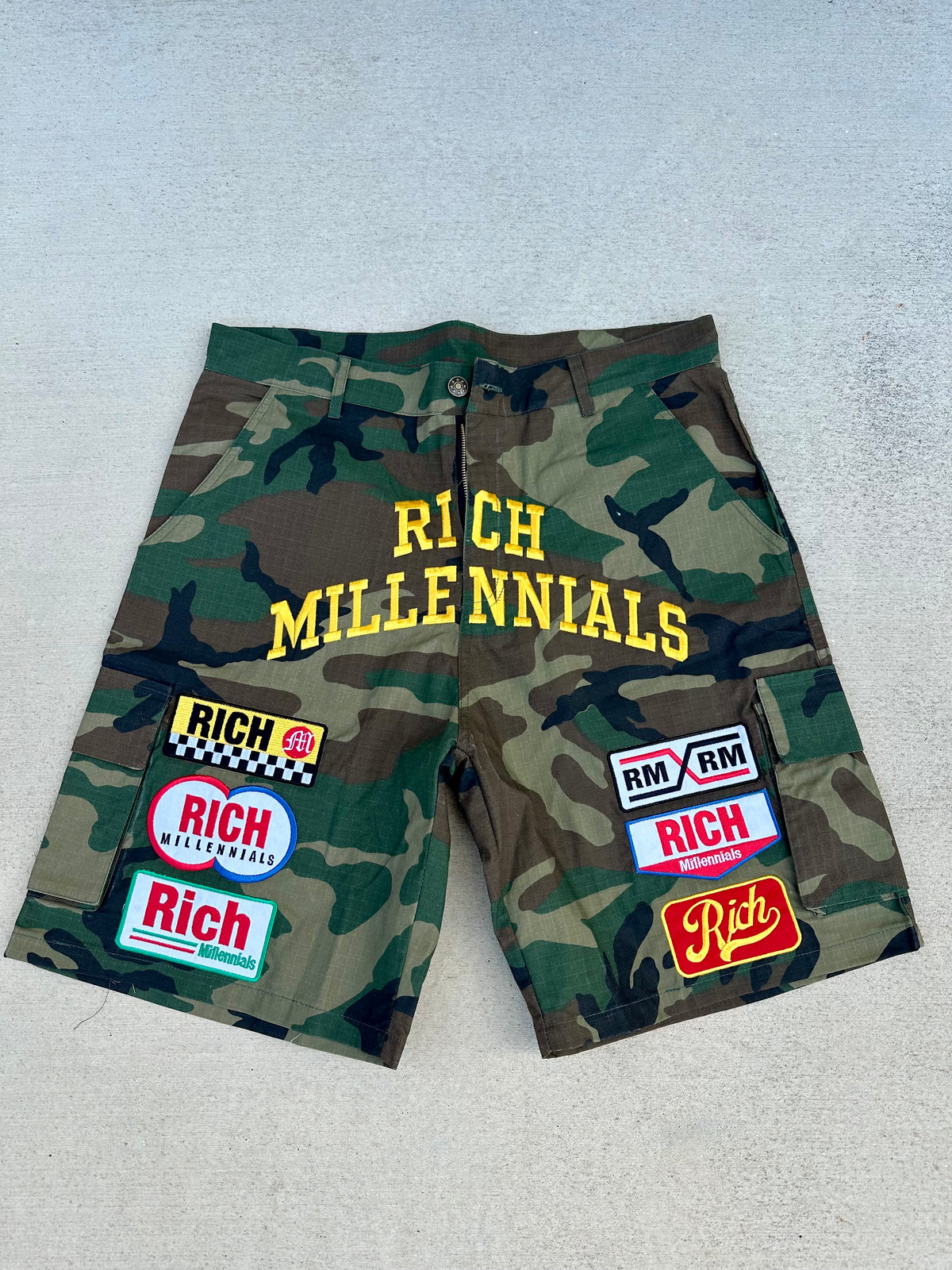 RM camo patchwork shorts